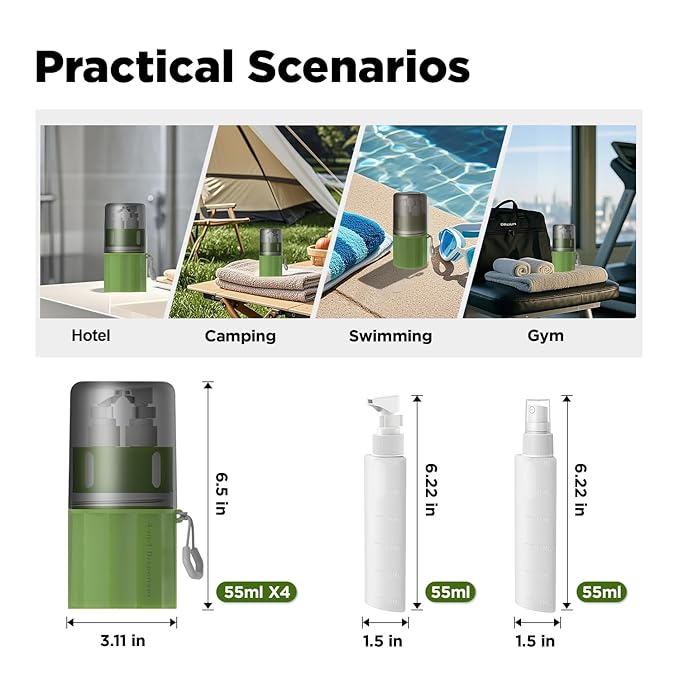 YOTIME 4 in 1 Travel Dispenser Bottle, Vacuum Silicone Suction Cup for Smooth Walls, TSA Approved Leak Proof Travel Size Containers for Toiletries, Shampoo, Body Wash and Conditioner, Green
