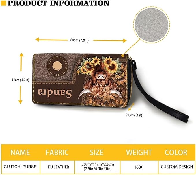 Bulopur Womens Wallet Wristlet Custom Name Sunflower Highland Cow Print Slim Purse Wallet Small Wallets For Women Coin Purse Id Card Holder Clutch RFID Long Wallets With Slots Zipper Around