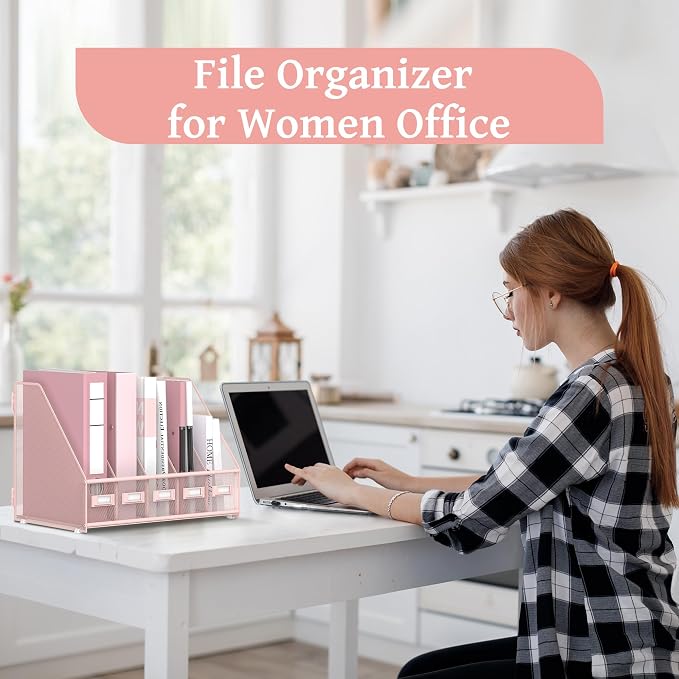 SUPEASY Desk Organizers Metal Desk Magazine File Holder with 5 Vertical Compartments Rack File Organizer for Office Desktop, Classroom, Home Workspace, Pink Plus