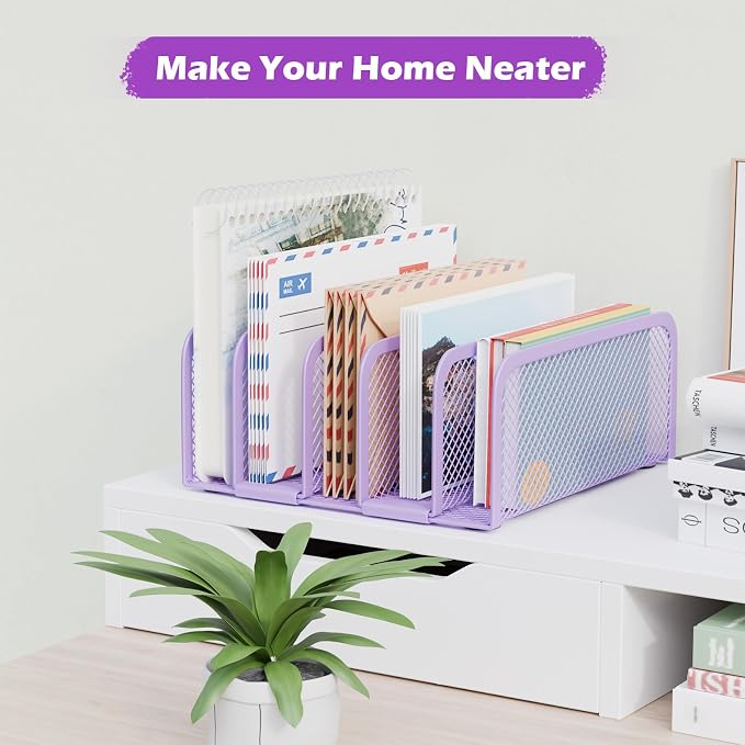 Mail Organizer Countertop, Metal File Holder with 5-Slot, Small Desk File Organizer for Letter, Bill, Mail Sorter, Desktop Letter Folder Holders for Office, Home, School (Purple)