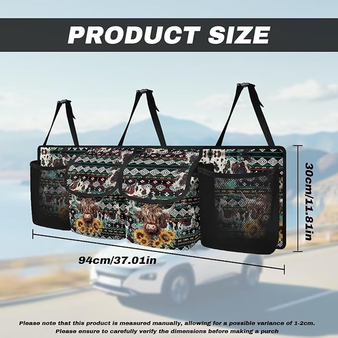 Aztecs Highland Cow Car Hanging Trunk Organizer,Sunflowers Waterproof Oxford Cloth Backseat Hanging Organizer,Universal Car Accessories