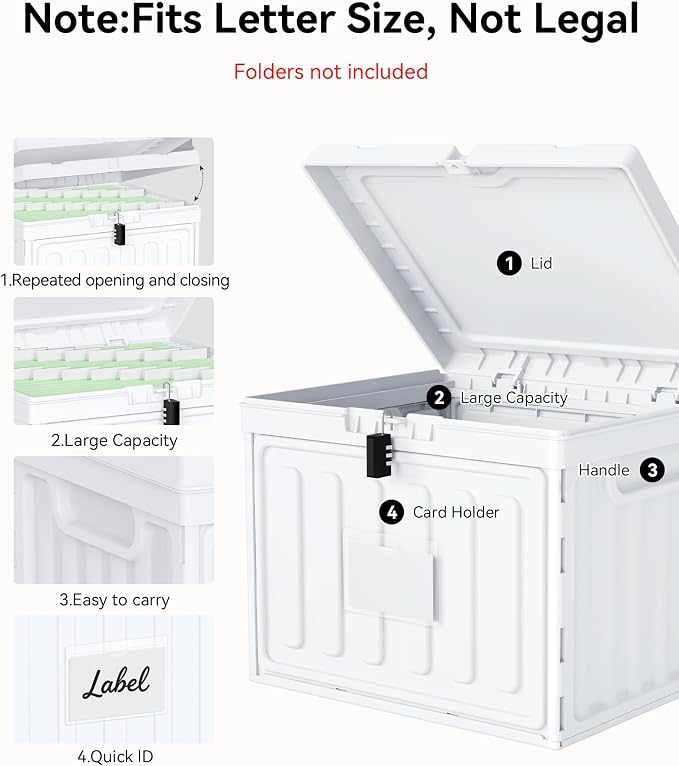 Oterri Plastic File Box with Lid for Letter Size Hanging File Folders, Hanging File Folder Box for Home, Office, School, File Cabinet, Assembly File Organizer, White,Large-2 Pack Without Folders
