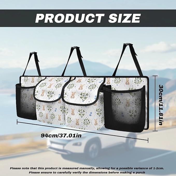 Cute Rabbit Print Car Trunk Organizer with 4 Pockets Foldable Car Backseat Storage Bag Detachable Car Storage Accessories for SUV Sedans Hatchback Crossover Minivan