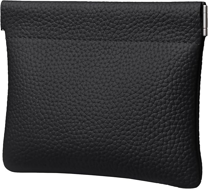 Genuine Leather Squeeze Coin Purse Pouch Change Holder For Men & Women Mini Change Purse Pouch for Pocket, Small Pouch Credit Card Key Headset Lipstick Holder (Black)