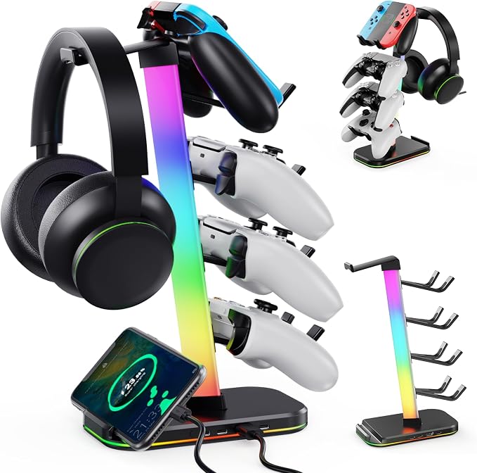 Gaming Headphones Stand with Charging Station, RGB Headset Stand with 10 Light Modes, 4 Controller Holder with 1 USB & 2 Type-C Charging Ports - Earphone Hook for PC Desktop Gamer Accessories Storage