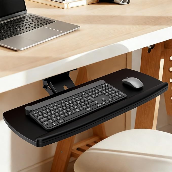 AX WABER Keyboard Tray Under Desk with Storage Drawer, Height Adjustable Keyboard Tray Slide Out 360° Swivel Tilt, Ergonomic Under Desk Mount Keyboard & Mouse Holder for Gaming Home Office, Black