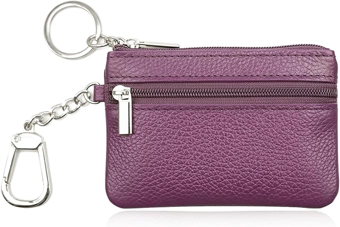 Hibate Small Leather Coin Purse Change Pouch for Women Men Kids with Zip Key Ring (Clip_Purple)