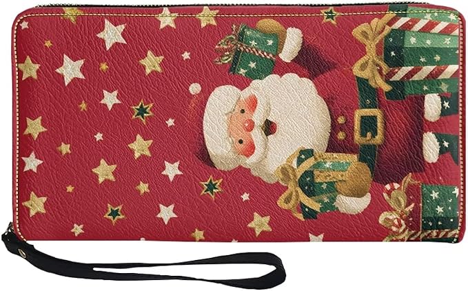 Bulopur Santa Claus Wallet for Women Christmas Gifts for Mom PU Leather Credit Card Holder Money Long Wallet with Wristlet Large Capacity Zip-Around Phone Purse for Ladies Girly