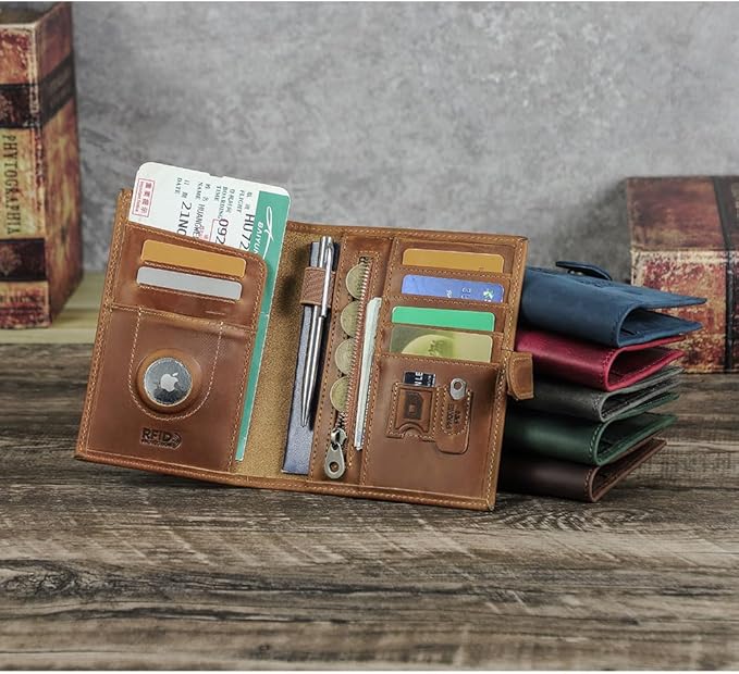 CONTACTS Full Grain Leather Passport Holder Compatible with Airtag RFID Blocking Passport Wallet Travel Slim Passport Cover with SIM Card Removal Tool (Camel Brown)