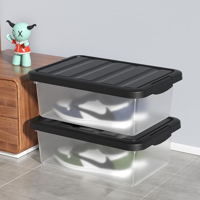 14 Quart Plastic Stackable Storage Bin, Basic Clear Storage Box with Black Lid (Pack of 2)
