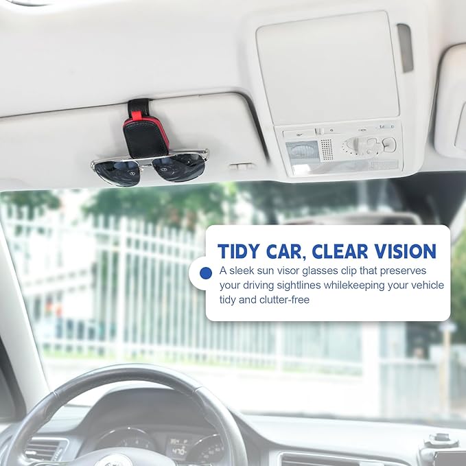 JUSTTOP 1Pack Sunglass Holder for Car, Magnetic Leather Buckle Sun Visor Sunglass Clip, Ticket Card Clip Sunglasses Mount, Car Interior Accessories for Men and Women (Black-Red)