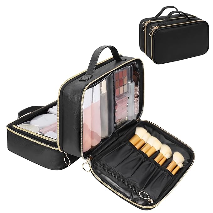 OCHEAL Travel Toiletry Bag, Double Layer Clear Makeup Bag Organizer Large Capacity Cosmetic Bag for Traveling Women Beauty Essentials, Multiple Compartments Makeup Case- Black