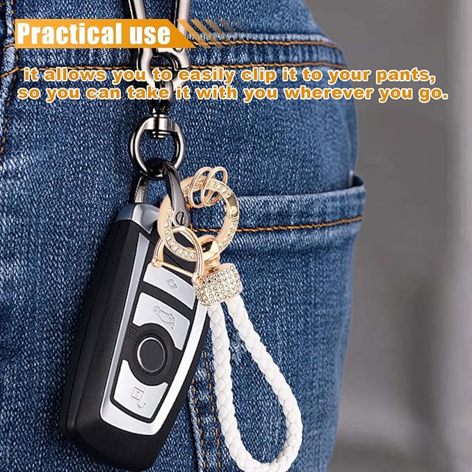 Leather Car Keychain with Bling Rhinestones, Snap Swivel Key Ring, Key Tag Car Key Fob Holder, Key Organizer for Men Women, Anti-Lost D-Ring (White)