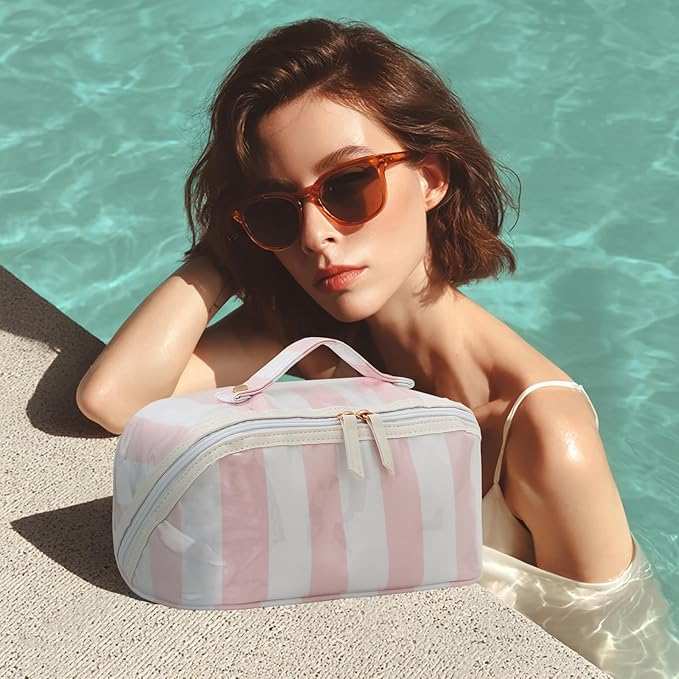 DYSHAYEN Stripe Travel Makeup Bag with Compartments Clear Coated Cosmetic Bag for Women, Waterproof Portable Open Flat Toiletry bag (White-Pink)