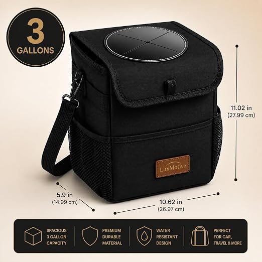 LuxMotive Car Trash Can – 3 Gallon Leakproof Waterproof Auto Trash Bin, Hanging Car Garbage Container with Lid & Storage Pockets, Foldable Car Organizer for Vehicle Interior (Black)