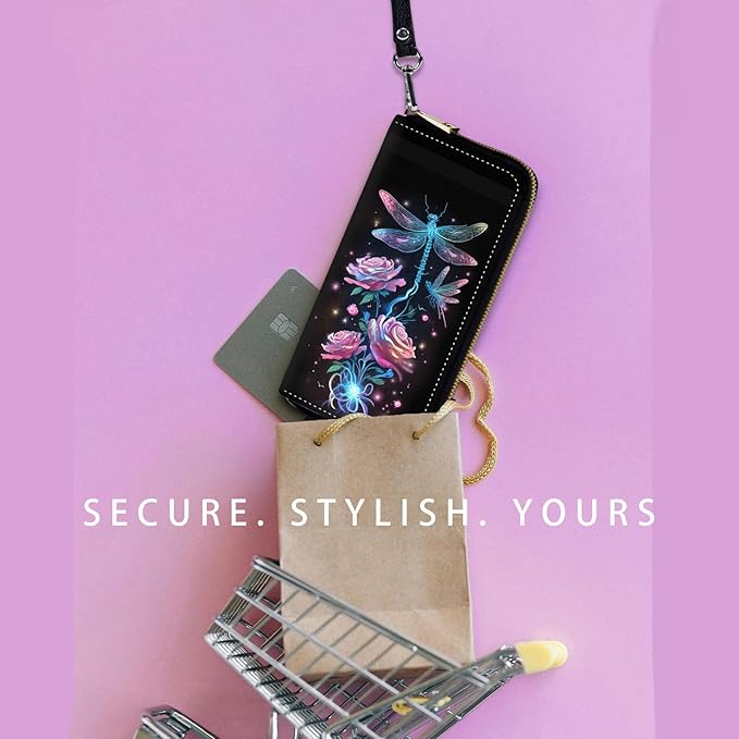 Zip Around Wallets for Women with Detachable Wrist Strap, Large Capacity RFID Blocking Leather Purse Organizer Card Holder Wristlet,Rose Dragonfly
