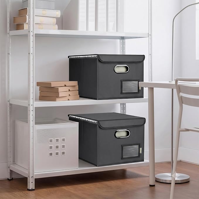 BALEINE File Organizer Box with Lid, Collapsible File Folder Organizer with Plastic Slide, Hanging File Folder Box for Office Document Storage (2 Pack, PU, Black)