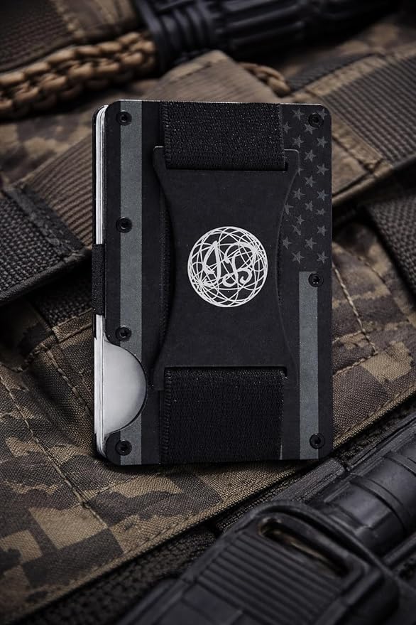 Black & Gray American Flag Engraved, Minimalist Wallet, RFID Blocking Aluminum Slim Wallet (Red Strap with 3 V. Band)