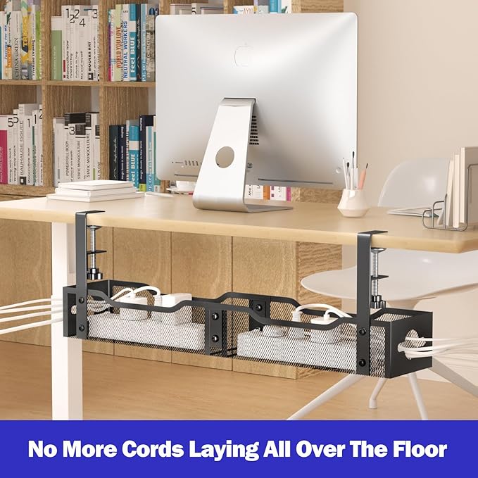 Under Desk Cable Management Tray 25.12", Extra Large Cable Management No Drill, Extended Cord Organizer with Adjustable Clamps, Black