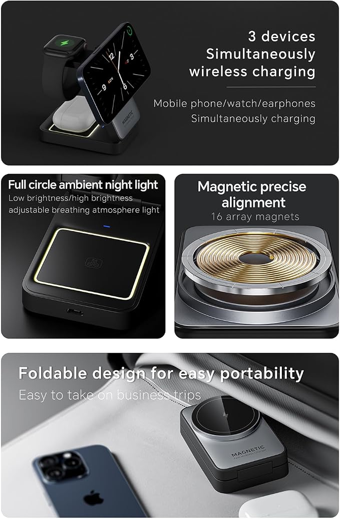 2026 Upgraded 3-in-1 Wireless Charger for iPhone,Travel Magnetic Charger Stand Nightlight Foldable Wireless Charging Station Compatible with Magsafe Charger&iPhone 17/16/15/14/13,Apple Watch&AirPods