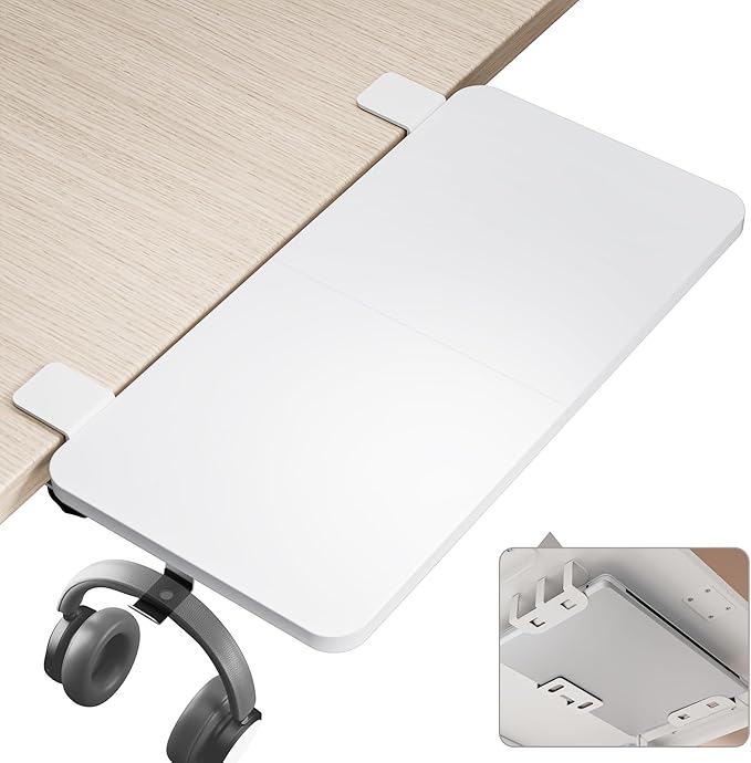Desk Extender Tray, 24" x 12" Clamp On Shelf, Desk Extension with Laptop Holder, Table Arm Rest, Clamp On Keyboard Tray for Office and Home, Workstation Organizer, Medium, White