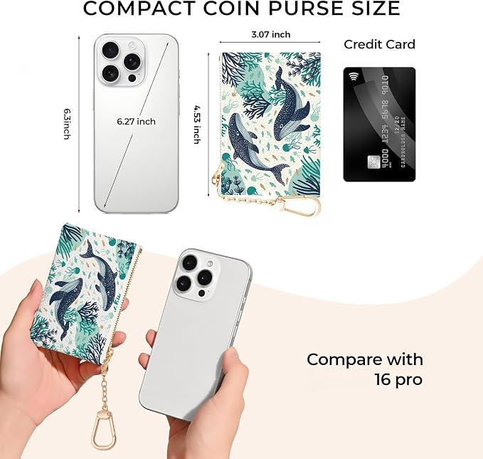Whale Aesthetic Keychain Coin Purse for Women, Small PU Leather Change Pouch, Zipper Little Tiny Travel Wallet for Girls, Cute Kawaii Zip Pocket Coin Holder with Key Ring