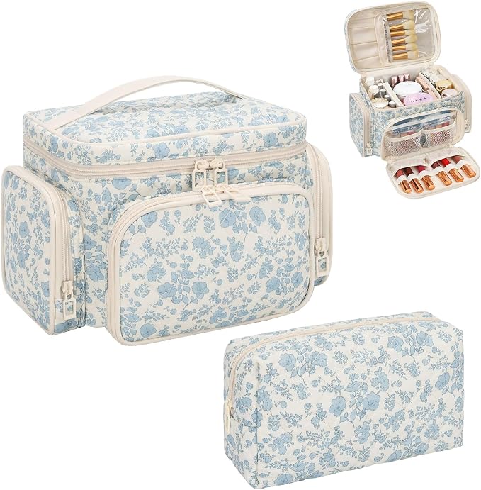 Makeup Bag Set, Travel Makeup Bag Organizer for Women Cute Floral Cosmetic Pouch Large Capacity with Makeup Brush Compartment, Cosmetic Travel Bag with Divider and Handle Toiletry Bag - Floral