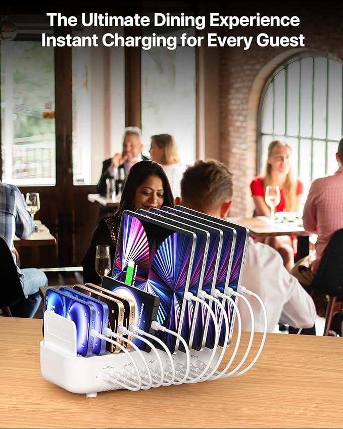 SooPii Multi USB Charging Station,100W 10-Port Type C Fast lPad Charging Station for Multiple Devices with 10 Cables and Adjustable Dividers, Compatible with Phone, Tablet,Kindle and More(White)