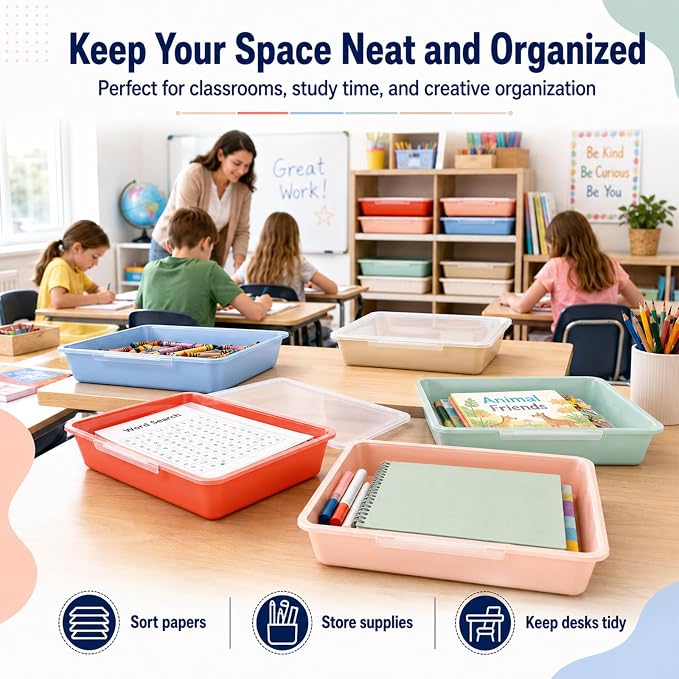 12 Pack Flat Storage Paper Tray with Clear Latching Lid Letter Size Organizer Bin Tray Plastic Latching File Organizer for Classroom Library School Office Teacher Desktop Book Organization (Morandi)
