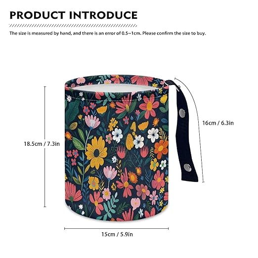 Colorful Flowers Car Garbage Trash Can Collapsible Trash Rubbish Bin Basket Bag Portable Cup Holder Organizer with Strap Universal Storage Bag Box for Front Seat, Back Seat, Headrest