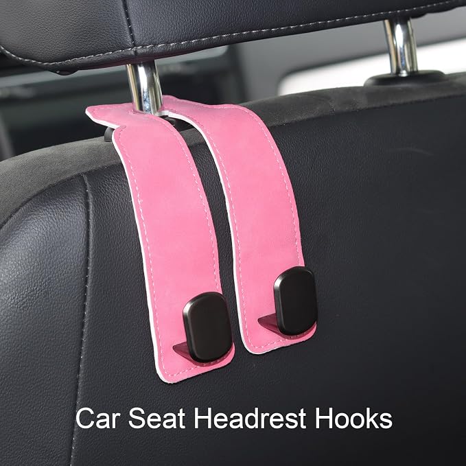 Car Seat Hooks for Headrest, Car Purse Hook & Back Storage Hook, Zinc Alloy & Suede Material Heavy Duty Car Hooks for Purses and Bags,Universal Fit for Most Vehicles (Pink-2 Pack)