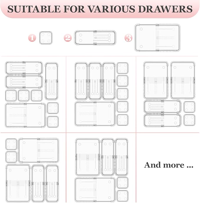 DILIBRA 16 Pcs Clear Extendable Drawer Organizer, Adjustable Drawer Storage 3-Size Desk Drawer Organizer, Plastic Non-Slip Storage Bins for Makeup, Cosmetic, Jewelries, Utensils, Stationery, Dressers