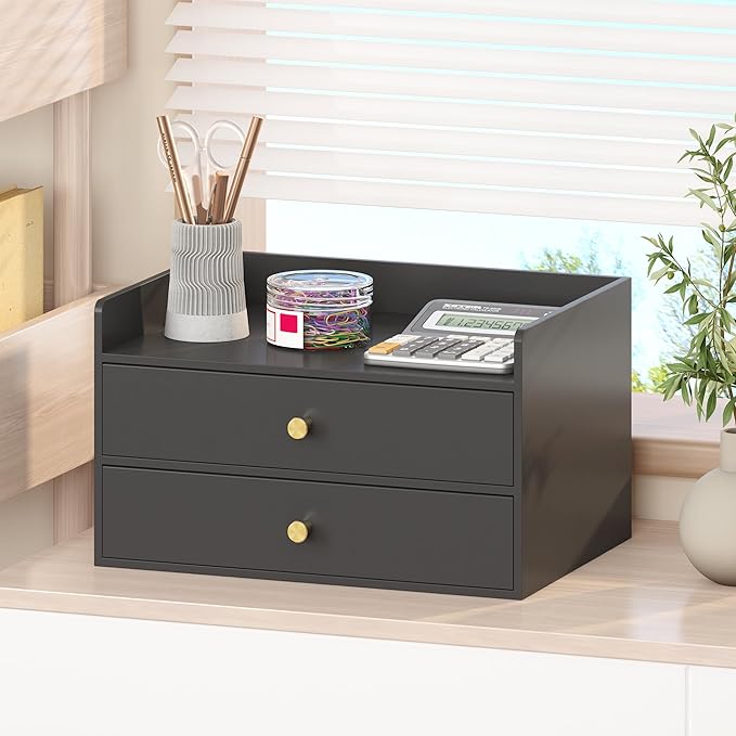 Bamboo Desk Organizer - Stackable, No Assembly Required, Ideal for Office/Home Use - Perfect for Toiletries, Stationery, Accessories. (Black, Two level drawer box with sides)