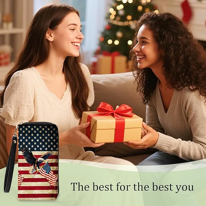 American Flag & Eagle Wallet for Women - Slim PU Leather Patriotic Wallet with Cash Zipper Coin Purse, Small Credit Card Holder Travel Wallet, Wristlet Wallets for Female Ladies Men