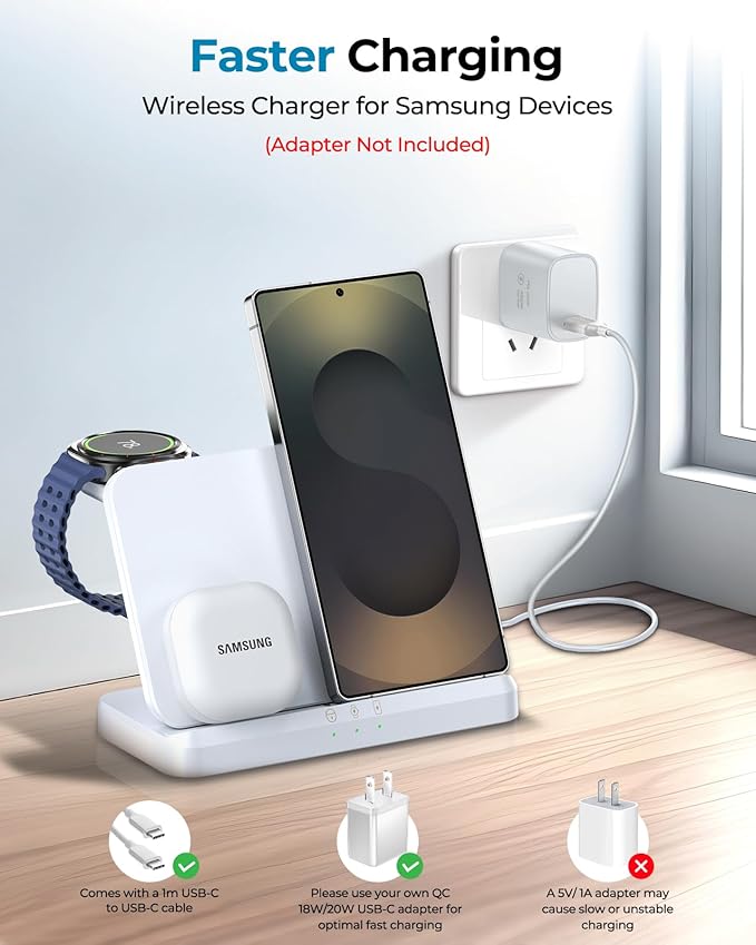EGV Wireless Charger for Samsung – 3 in 1 Wireless Charging Station for Galaxy S26 Ultra S25 S24, Z Fold Flip 7/6, Detachable Watch Charger for Galaxy Ultra 8/7/6, Foldable, Fast Charging, White