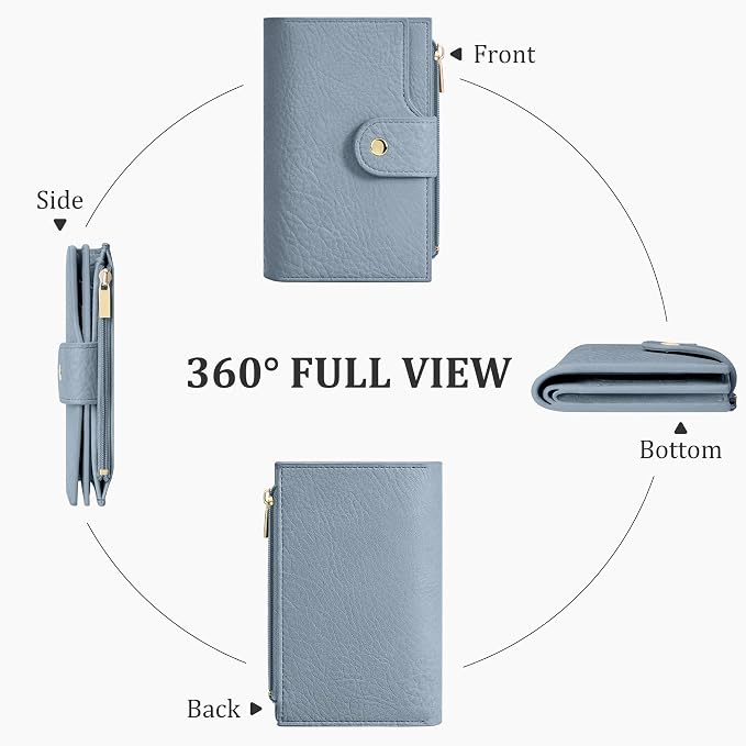 Airkit Small Women's Bifold Wallet, RFID Blocking Credit Card Holder with Zipper, Travel Cute Coin Pocket Wallet for Ladies, Blue