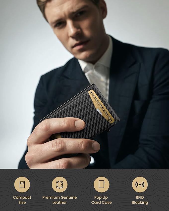 typecase Flip Pop Up Wallet for Men Card Holder: Smart Privacy & ID Display Mode, RFID Blocking, Slim Genuine Leather, Minimalist Front Pocket - 8 Card Capacity | ID Window | Money Clip (Carbon Fiber)