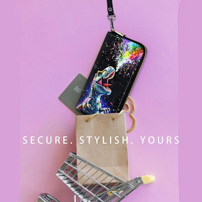 Zip Around Wallets for Women with Detachable Wrist Strap, Large Capacity RFID Blocking Leather Purse Organizer Card Holder Wristlet,Colorful Dinosaur