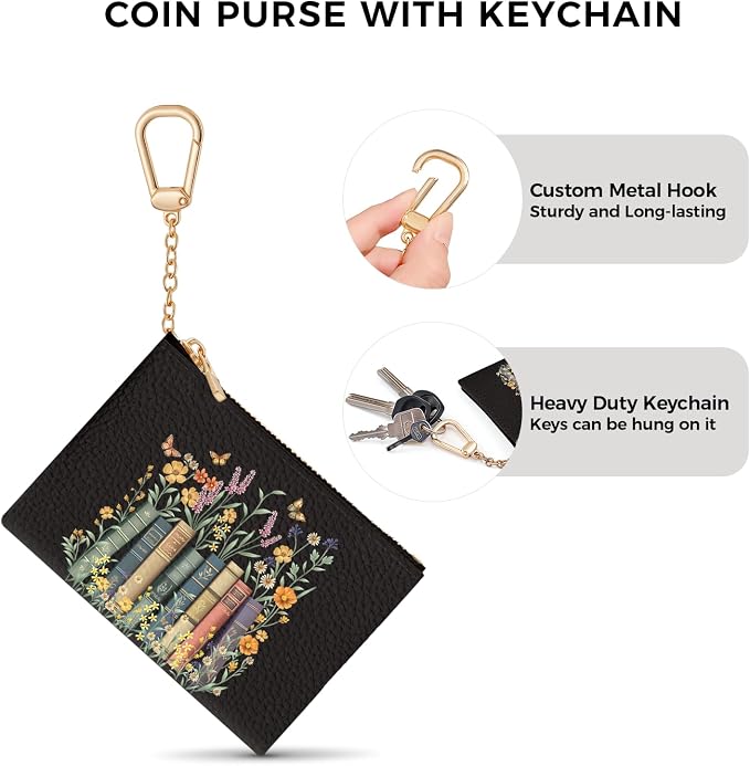 Book and Flower Keychain Coin Purse for Women, Small PU Leather Change Pouch, Zipper Little Tiny Travel Wallet for Girls, Cute Kawaii Zip Pocket Coin Holder with Key Ring