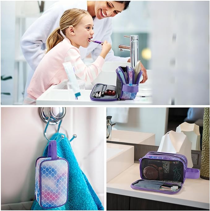 Kids Toiletry Bag for Girls, Travel Toiletry Bag for Little Young Girls Cosmetic Bag Makeup Bag Waterproof Hanging Wash Bag Toddler Toiletries, Mermaid Scales