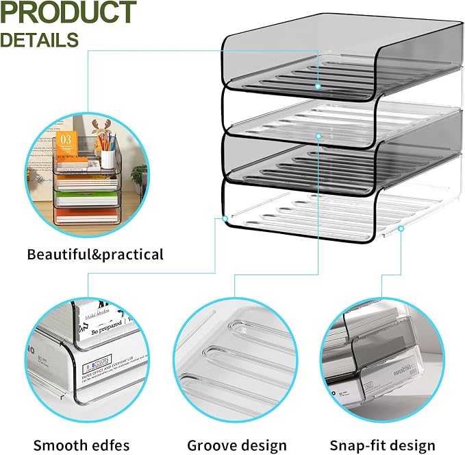 FANXIYQ 4-Tier Acrylic Paper Tray Organizer, Clear & Brown Stackable Desk Organizer for Documents, Files, A4 Paper, Mail, Books & Office Supplies, Office Classroom Home