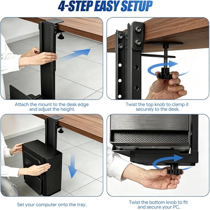 TooCust Adjustable Under Desk PC Mount, Heavy Duty No Drilling Clamp Mount on Desk Fits Most PC Tower 14.5”-22.4” (H) , Thickened & Ultra Strong CPU Holder for Standing Desk & Home Office, Black