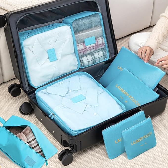 8 Set Packing Cubes for Travel Luggage Packing Bags Reusable Waterproof Suitcase Organizer Cubes Set with Shoe Bag and Toiletry Bag (Sky Blue)