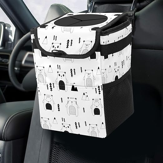Car Trash Can Cute Bear Panda Cat Wate-rproof Auto Garbage Bag Car Trash Can with Lid Leak-Proof Car Storage Bag Hanging for Headrest Collapsible and Portable with Storage Mesh Pocket