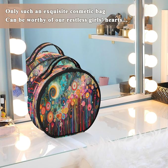 senya Round Cosmetic Pouch Travel Makeup Train Case Flower Drawing Makeup Organizer Bag with Adjustable Dividers Portable for Cosmetics Makeup Brushes Toiletry Jewelry Accessories