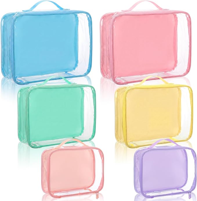 6 Pcs Clear Packing Travel Cubes Set Reusable See Through Premium PVC Plastic Organizer Bag with Handle for Summer Camp Travel Luggage Storage Organizer Multipurpose Pouch Toiletry Bag(Bright Color)