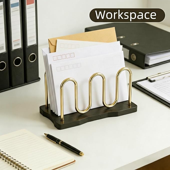 Mail Holder Organizer Countertop, Metal Mail Sorter for Desk, Cutout Mail Storage Bills Organizer Letter Tray Design with Bamboo Base for Home Office (Black)