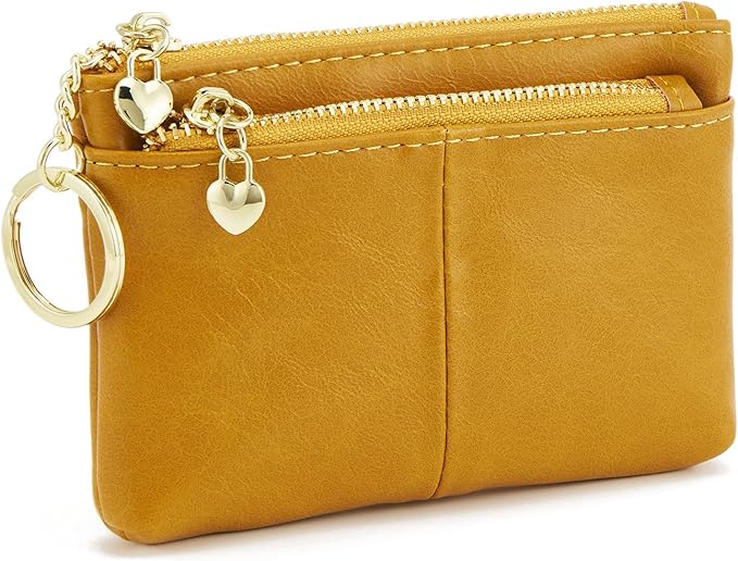 ZOOEASS Women PU Leather Zip Mini Coin Purse With Key Ring Triple Zipper Card Holder Wallet (Yellow)