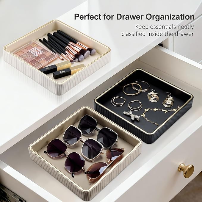 GORESE Square Perfume Tray Nightstand Organizer, PU Leather Purse Bowl Jewelry Trays for Dresser, Trinket Dish Catchall Bowl for Keys, Decorative Vanity Tray, Gift for Women, Beige(9.3'' × 9.3'')
