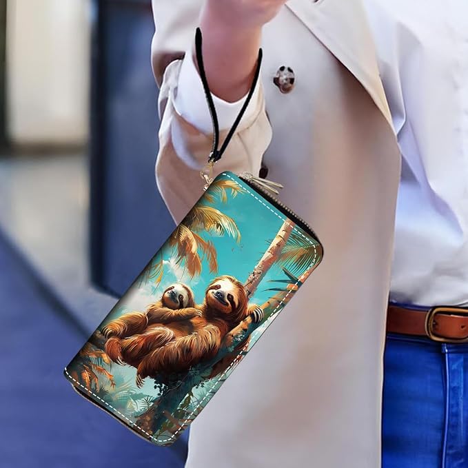 Women's Large Capacity Wallet PU Leather Double Zipper Clutch Purse Multifunctional Wallet with Removable Wristlet Strap for Smart Phone/Coin/Card/Cash, Sloth